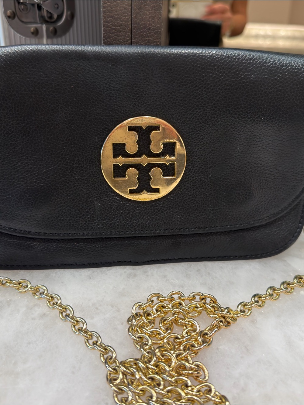 Tory Burch Black Leather Crossbody with Gold Logo Medallion and Chain